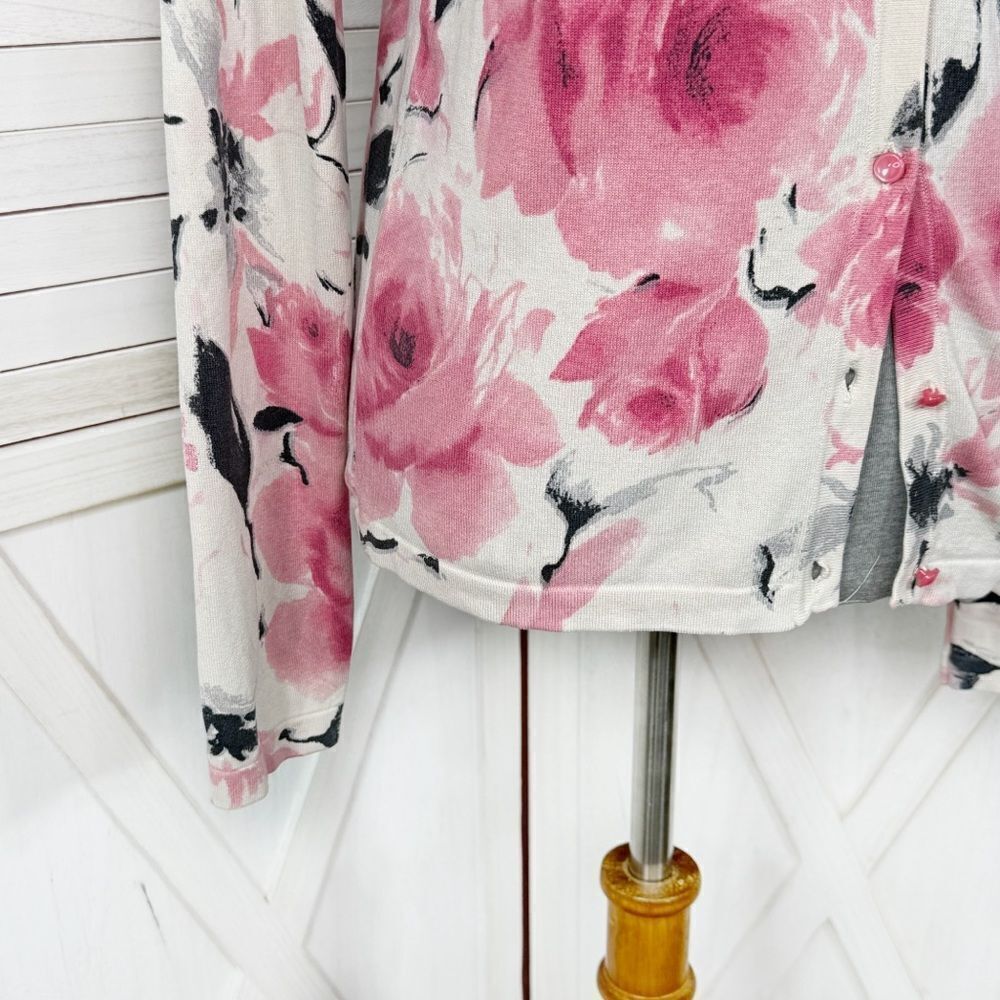 Jones New York Floral Silk Blend V Neck Cardigan Sweater‎ Cream Pink Medium - Picture 6 of 12